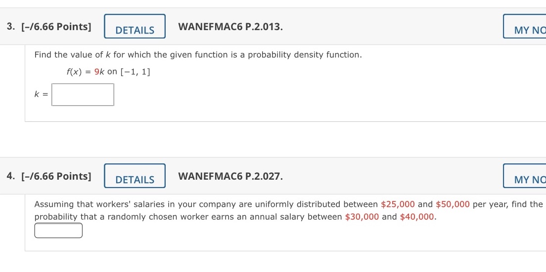a probability density function. rrx) = 9k on [1, 1] 4. [46.66