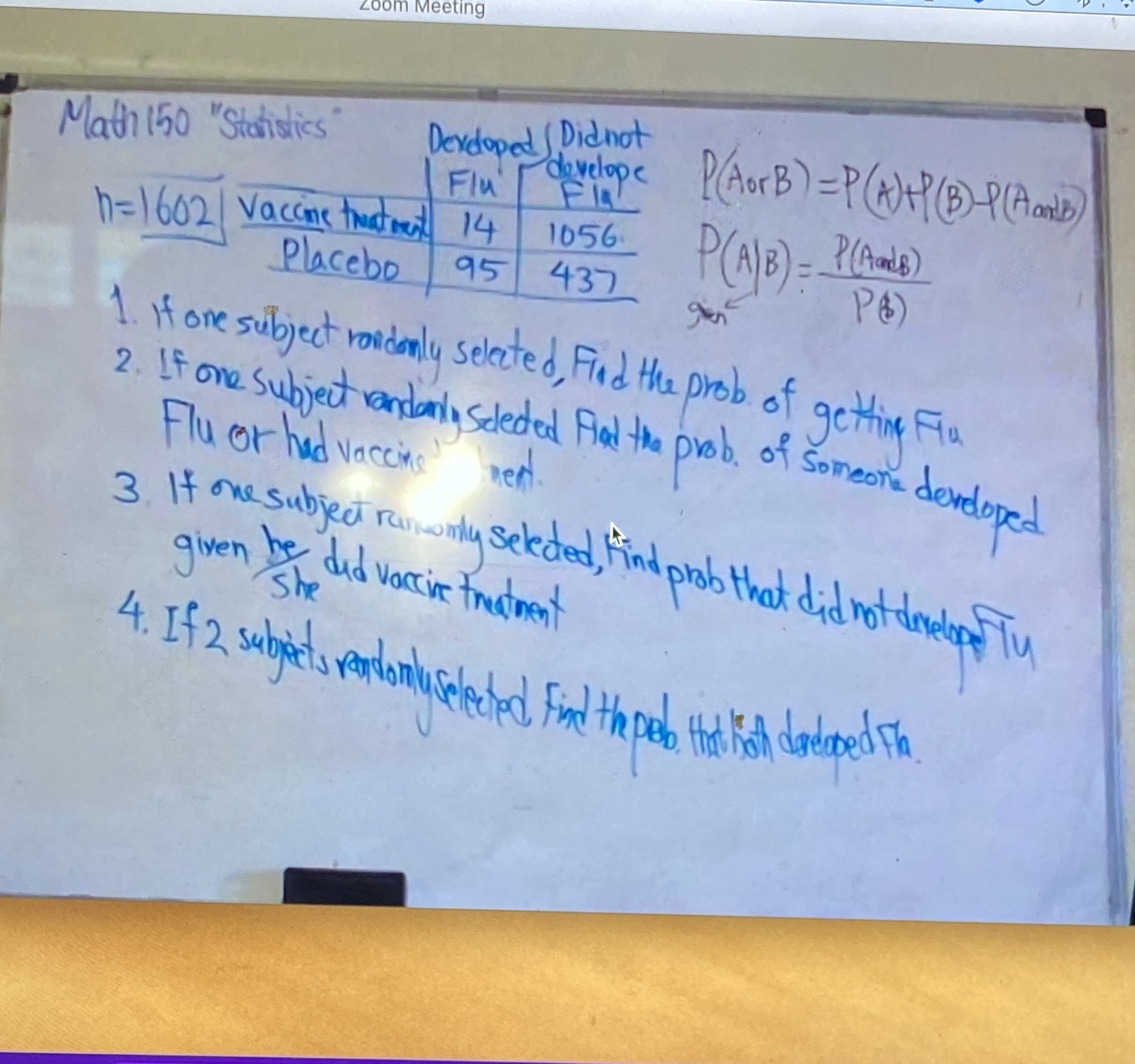  Zoom Meeting Math 150 "Statistics" Developed / Didnot develope Flu P