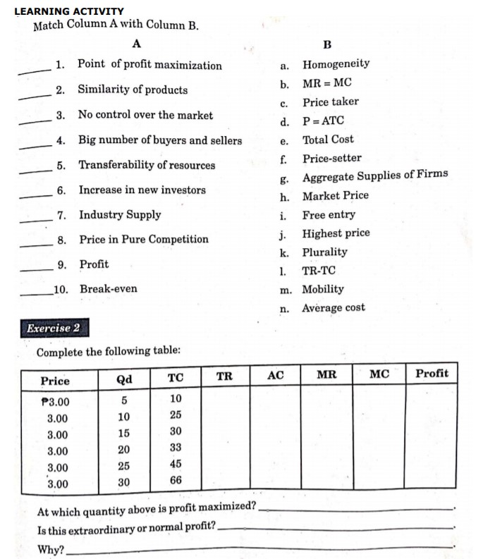 LEARNING ACTIVITY Match Column A with Column B. A B 1.