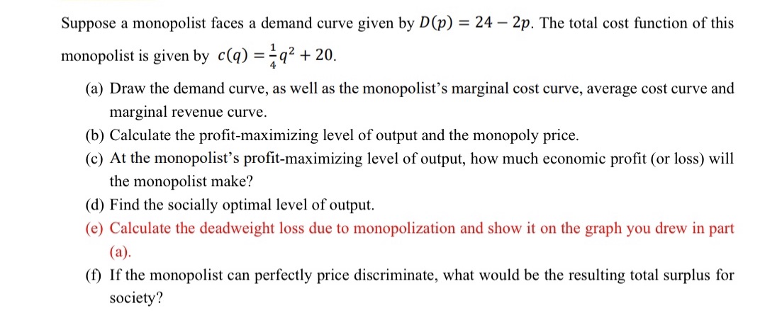  Suppose a monopolist faces a demand curve given by D(p) =