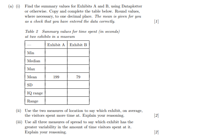 Table 1 Time spent (in seconds) at two exhibits in a museum