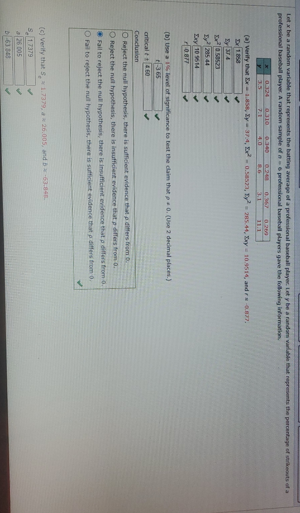 E) find a 99% confidence interval for y when x =0.296. use