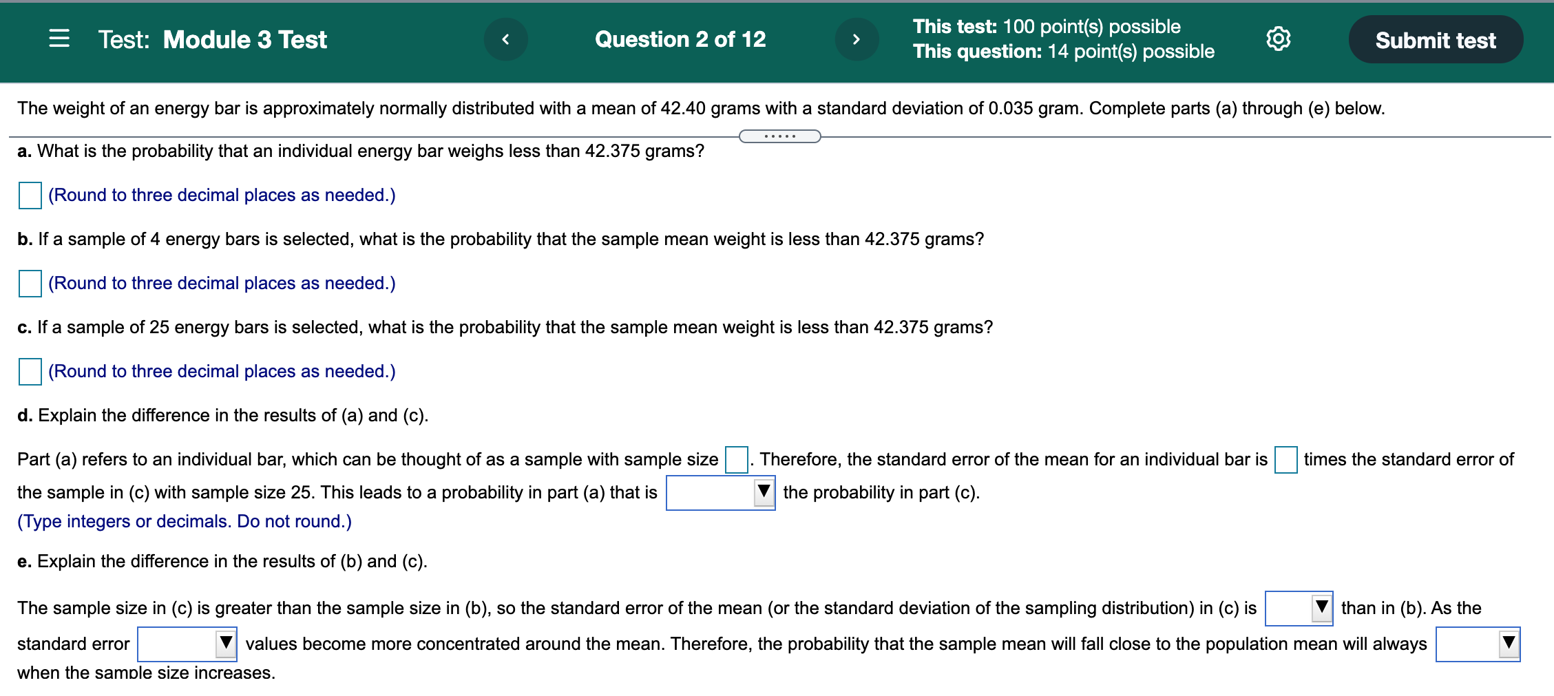 'bl This test 100 pomt(s) possl e Submit test This question: 14