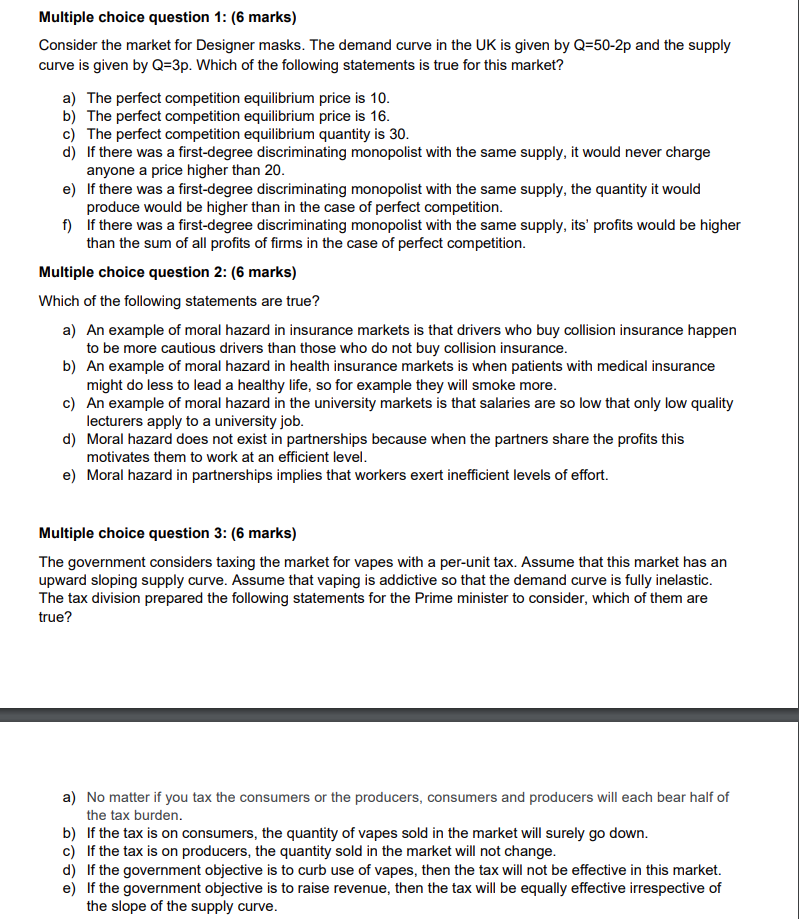  Multiple choice question 1: (6 marks} Consider the market for Designer