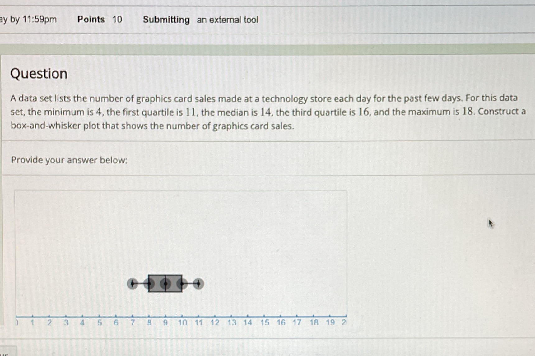 ay by 11:59pm Points 10 Submitting an external tool Question A