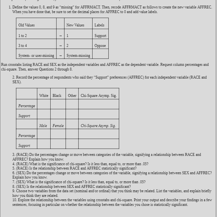 AFFRMACT. Then, recode AFFRMACT as follows to create the new variable AFFREC.