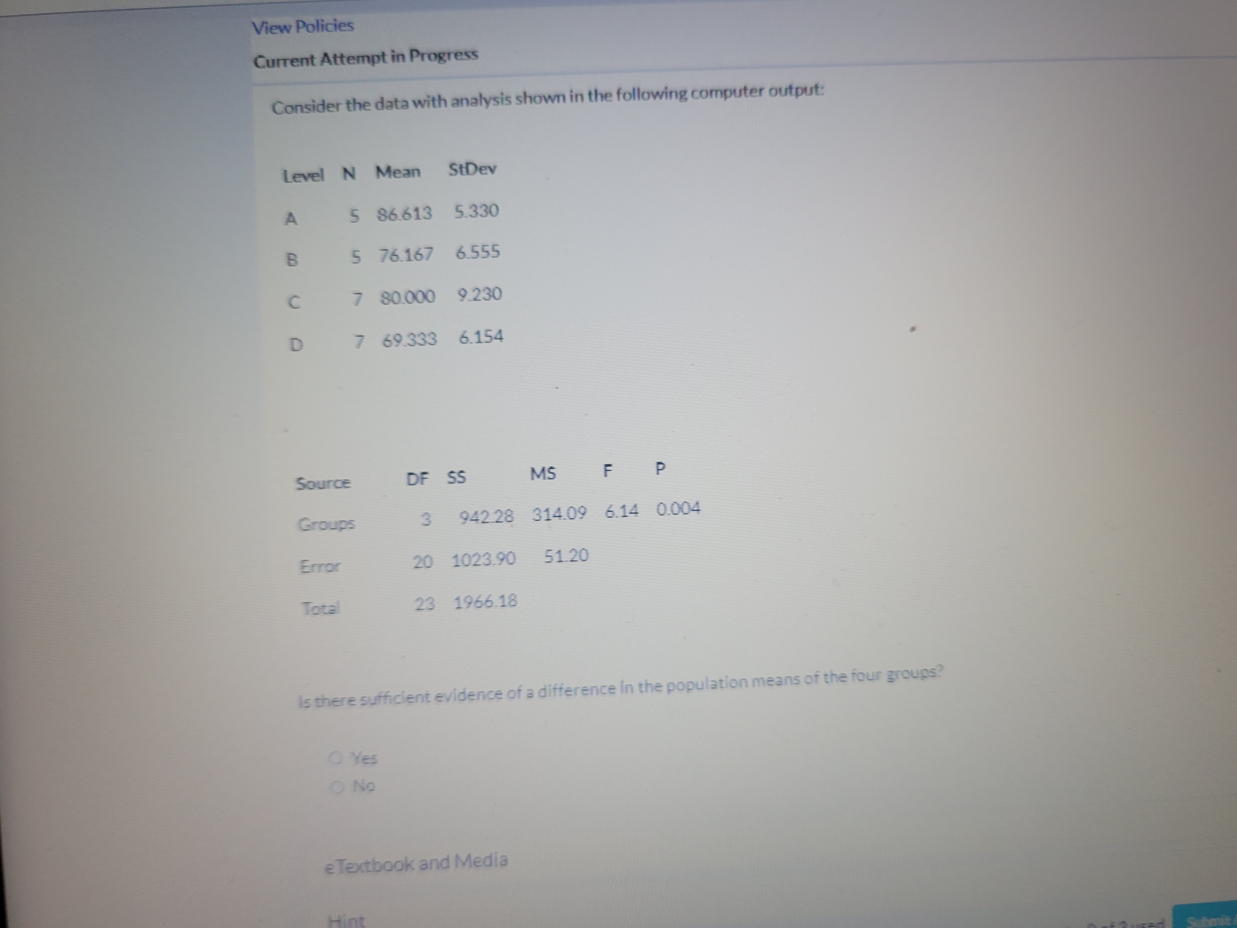  View Policies Current Attempt in Progress Consider the data with analysis