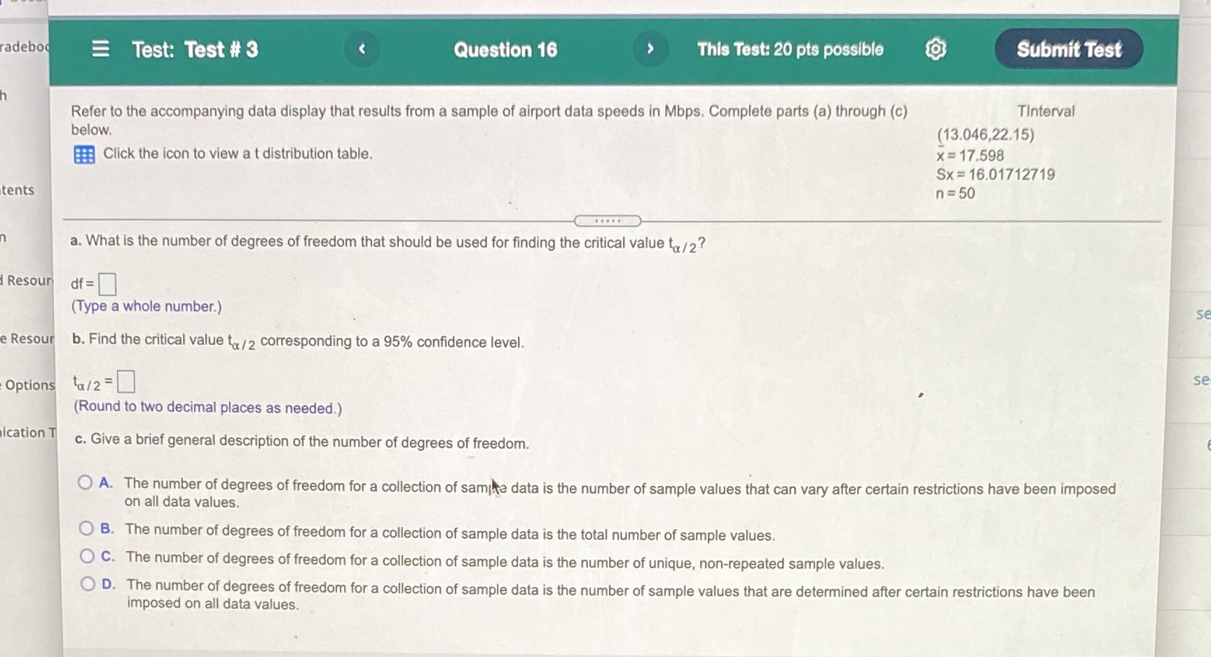 Need help E Test: Test it 3 Question 16 This Test: 20