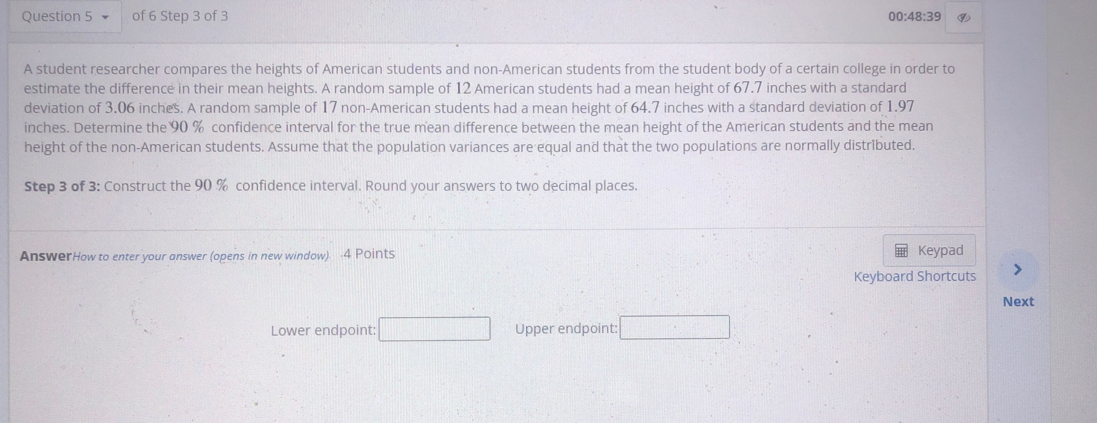 sample of 17 non-American students had a mean height of 64.7 inches