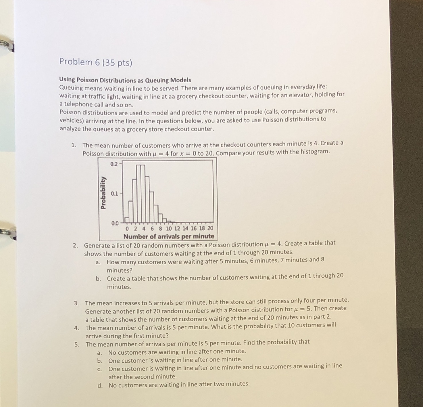  Problem 6 (35 pts) Using Poisson Distributions as Queuing Models QEUWE