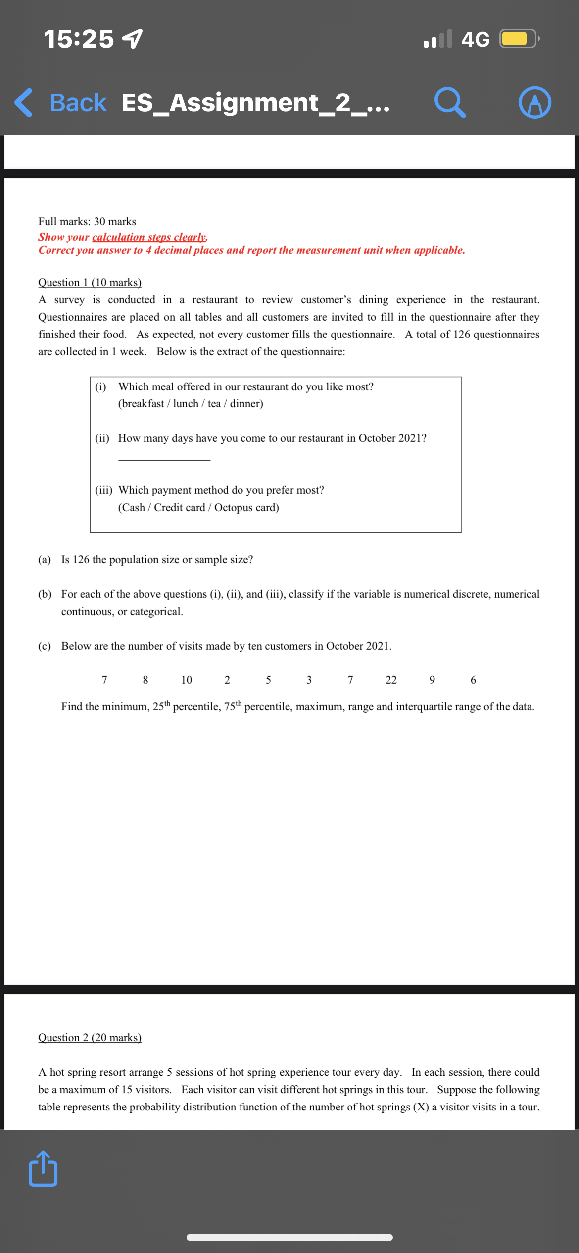 15:25 4 ES_Assignment_2_... Full marks: 30 marks Show your calculation steps