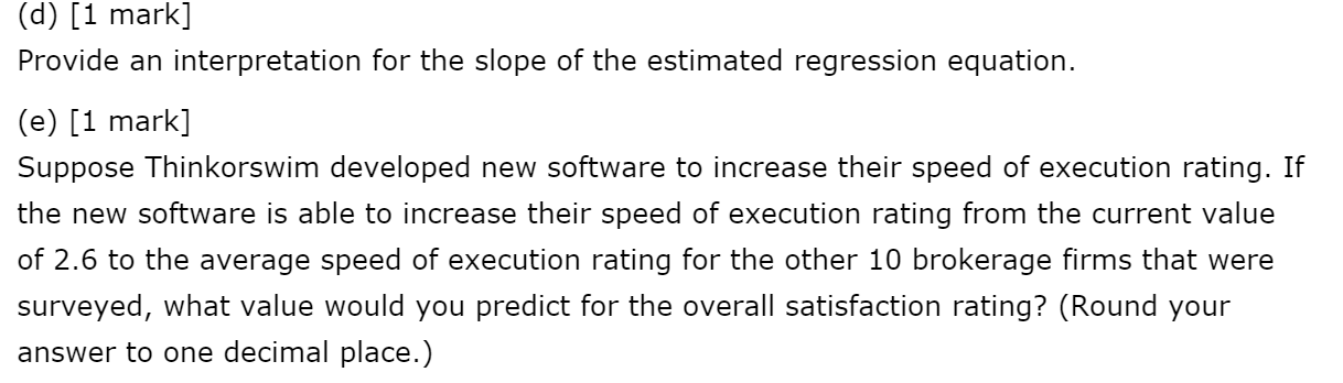 the slope of the estimated regression equation. (e) [1 mark] Suppose Thinkorswim