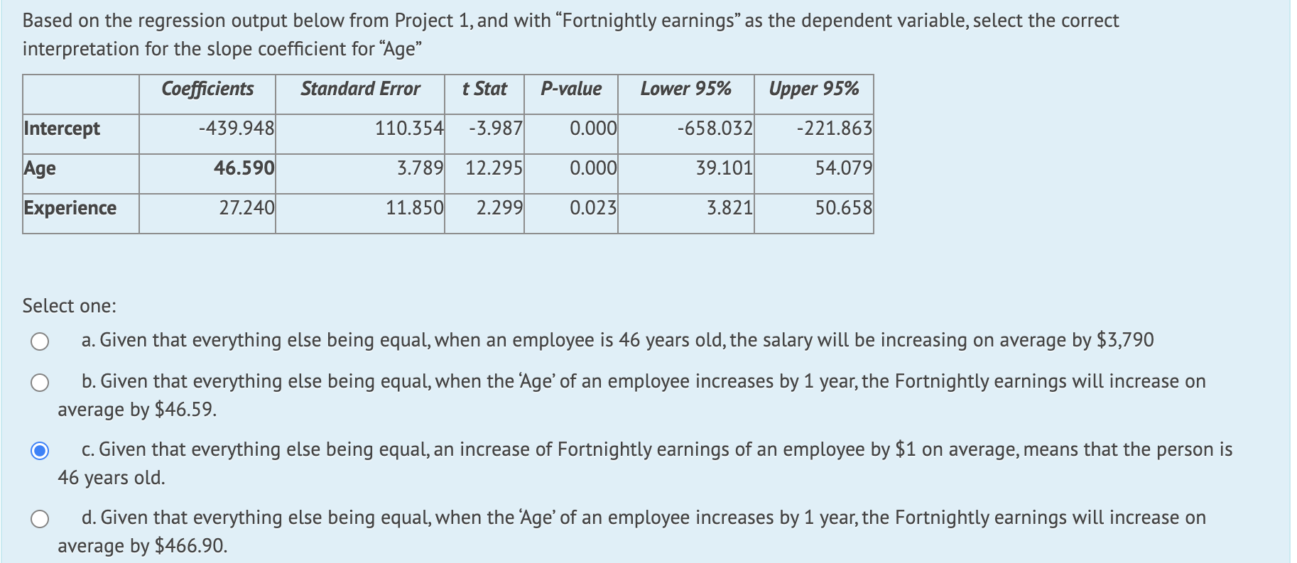 earnings\" as the dependent variable, select the correct interpretation for the slope