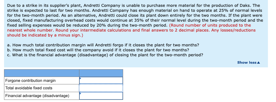  Finding the forgone contribution margin, total avoidable fixed costs, and financial