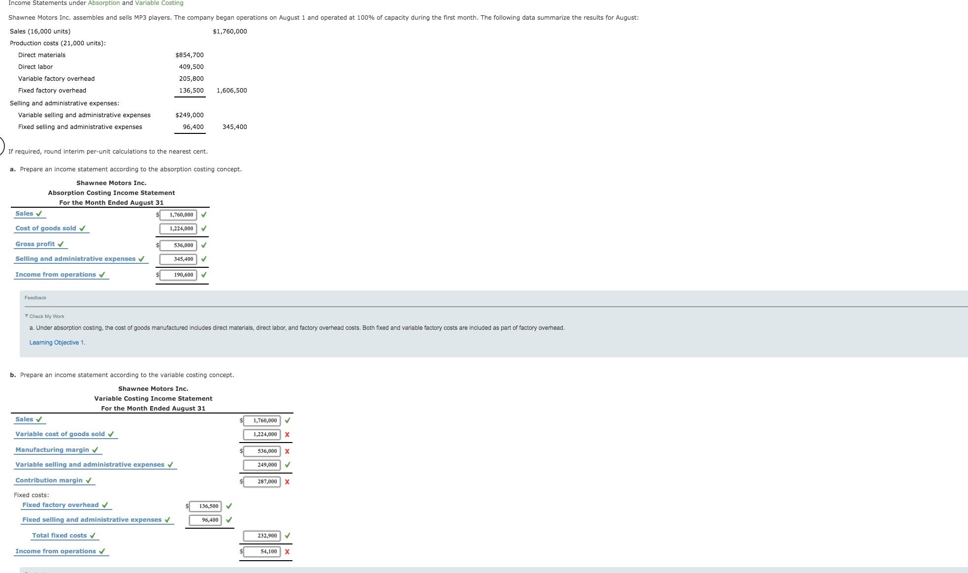 Please help with the questions that are marked wrong Income St Costing