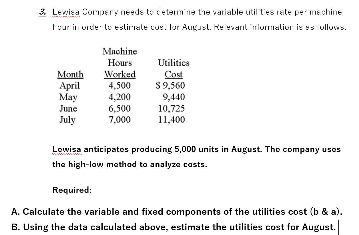 Lewisa Company needs to determine the variable utilities rate per machine hour