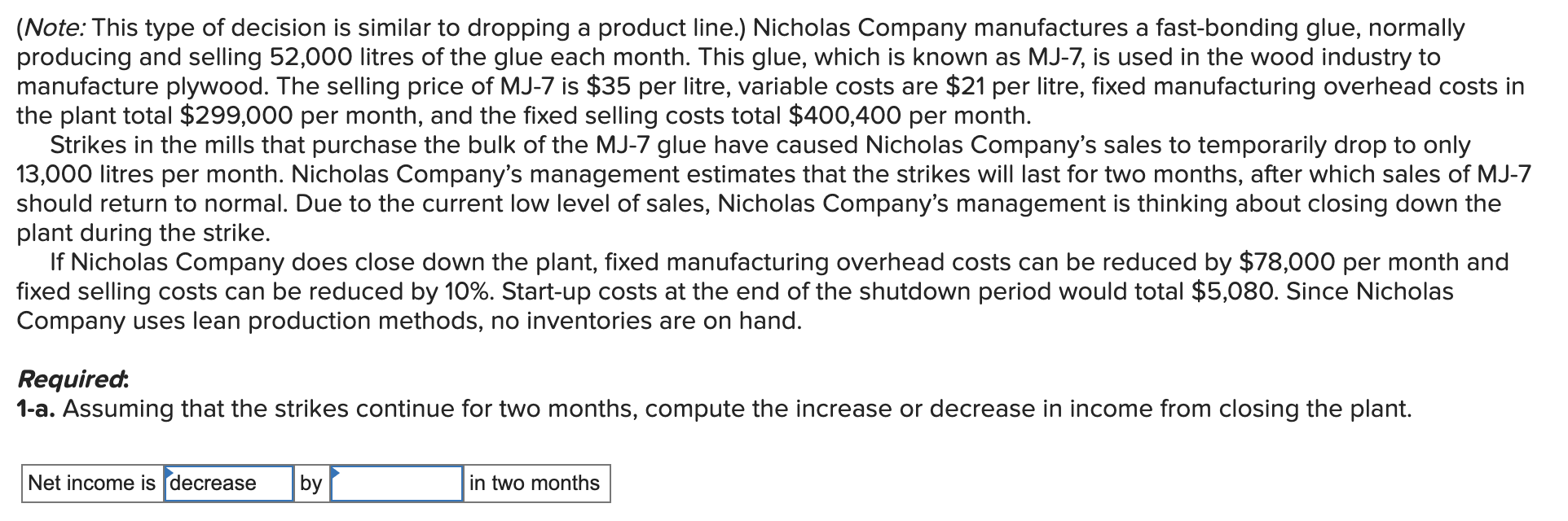 similar to dropping a product line.) Nicholas Company manufactures a fast-bonding glue,