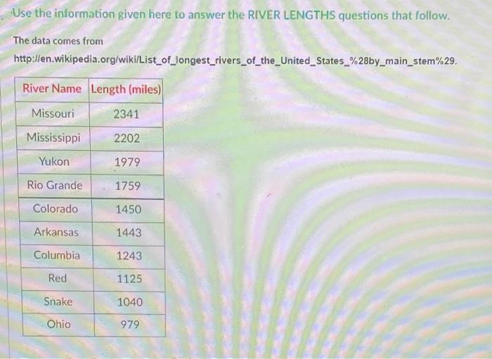 that follow. The data comes from http://en.wikipedia.org/wiki/List_of_longest_rivers_of_the_United_States_%28by_main_stem%29. River Name Length (miles) Missouri