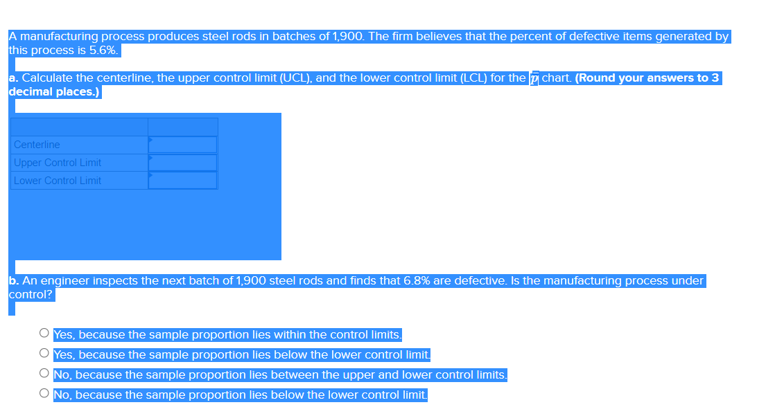 Control Limit b. Analysts obtain the following sample means after a recent