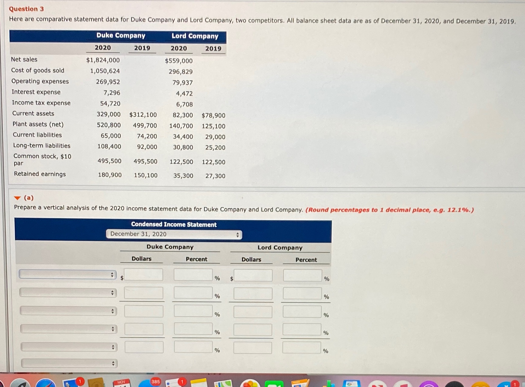 Lord Company, two competitors. All balance sheet data are as of December