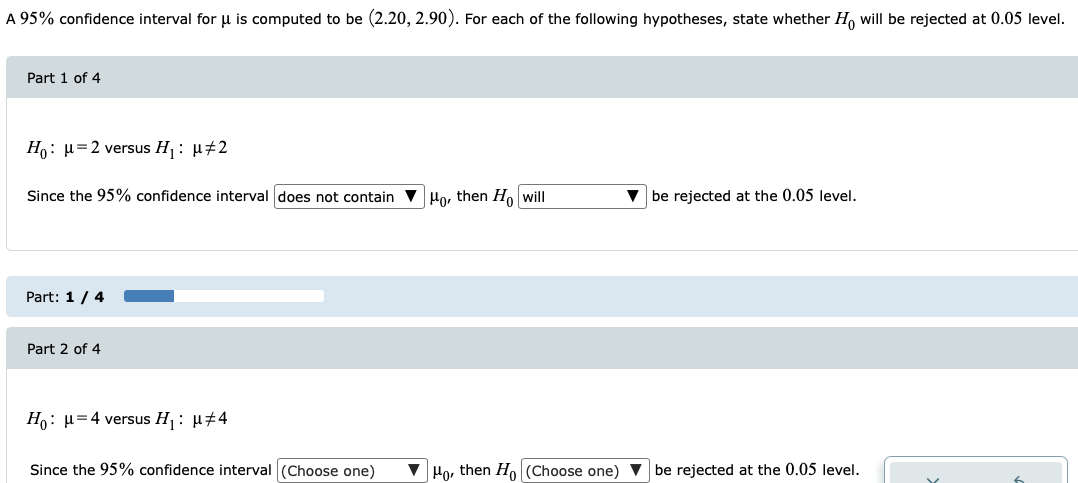  A 95% confidence interval for u is computed to be (2.20,