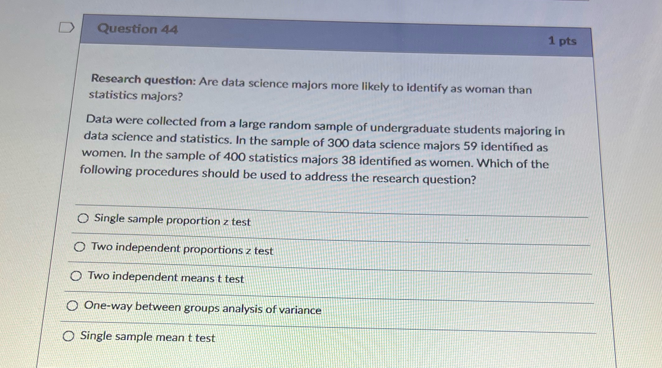 D Question 44 1 pts Research question: Are data science majors