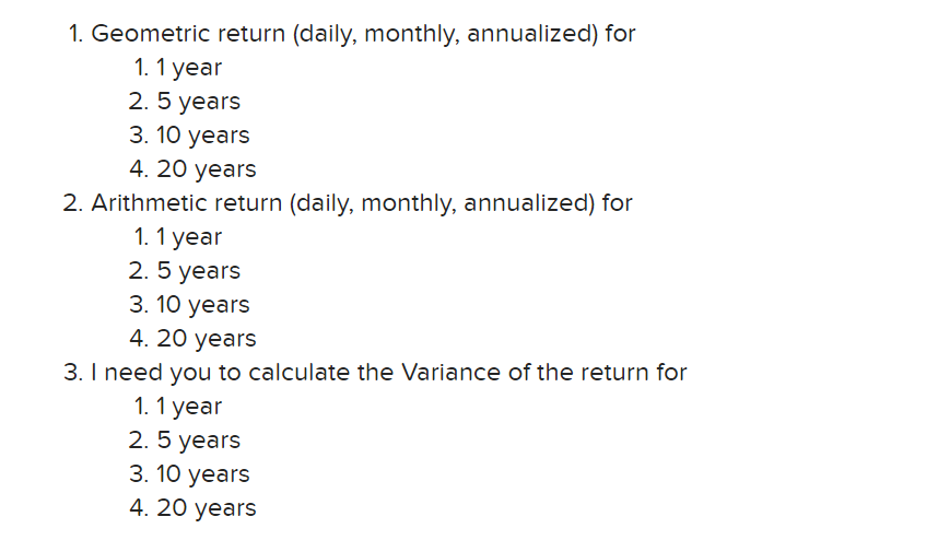 the company is Costco 1. Geometric return (daily, monthly, annualized) for 1.