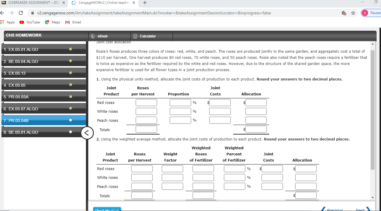 Joint cost allocation Bb ICEBREAKER ASSIGNMENT - 202( x CengageNOWv2 | Online