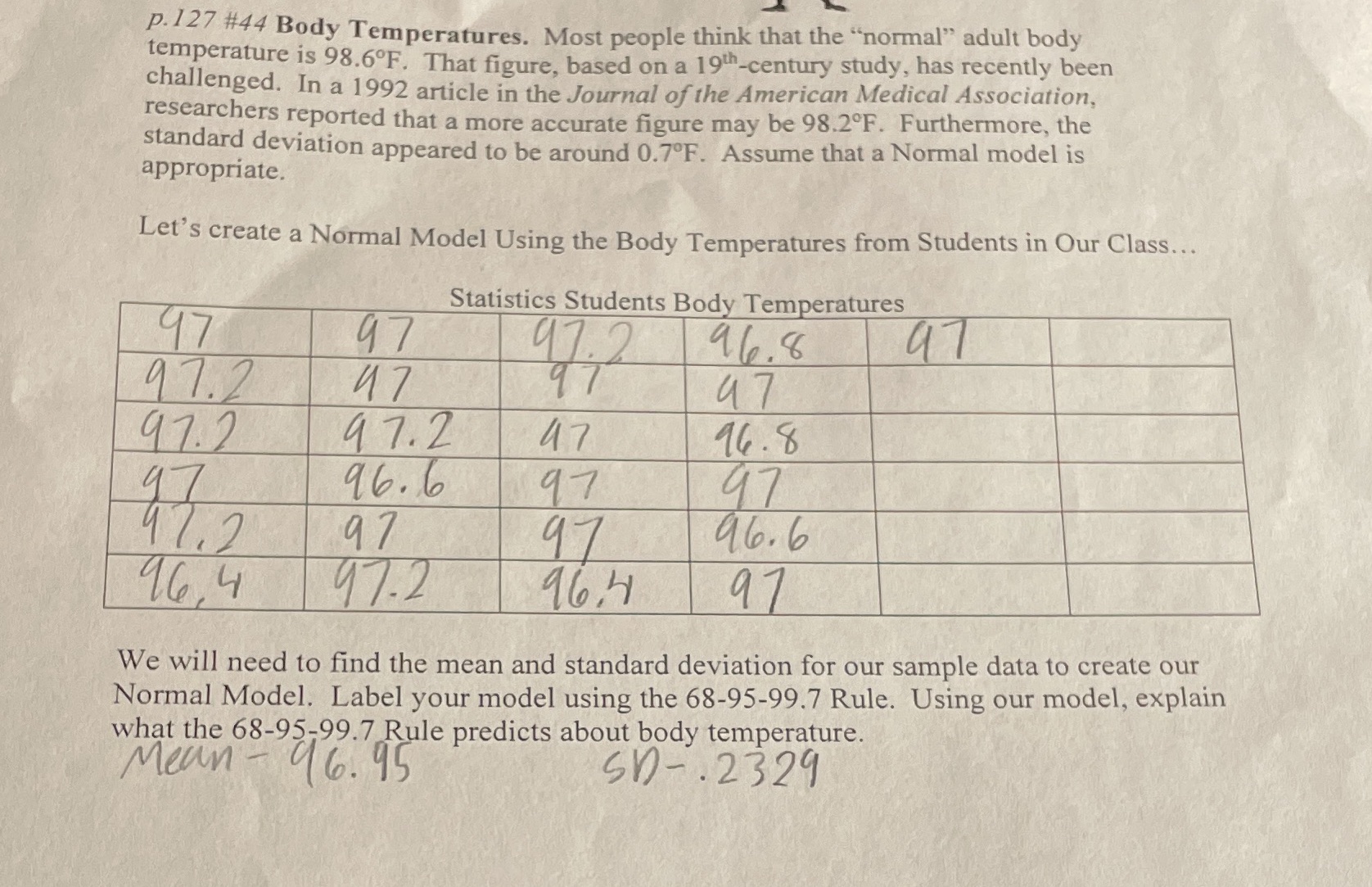  Need help understanding questions a-f. Using our model for Body Temperature