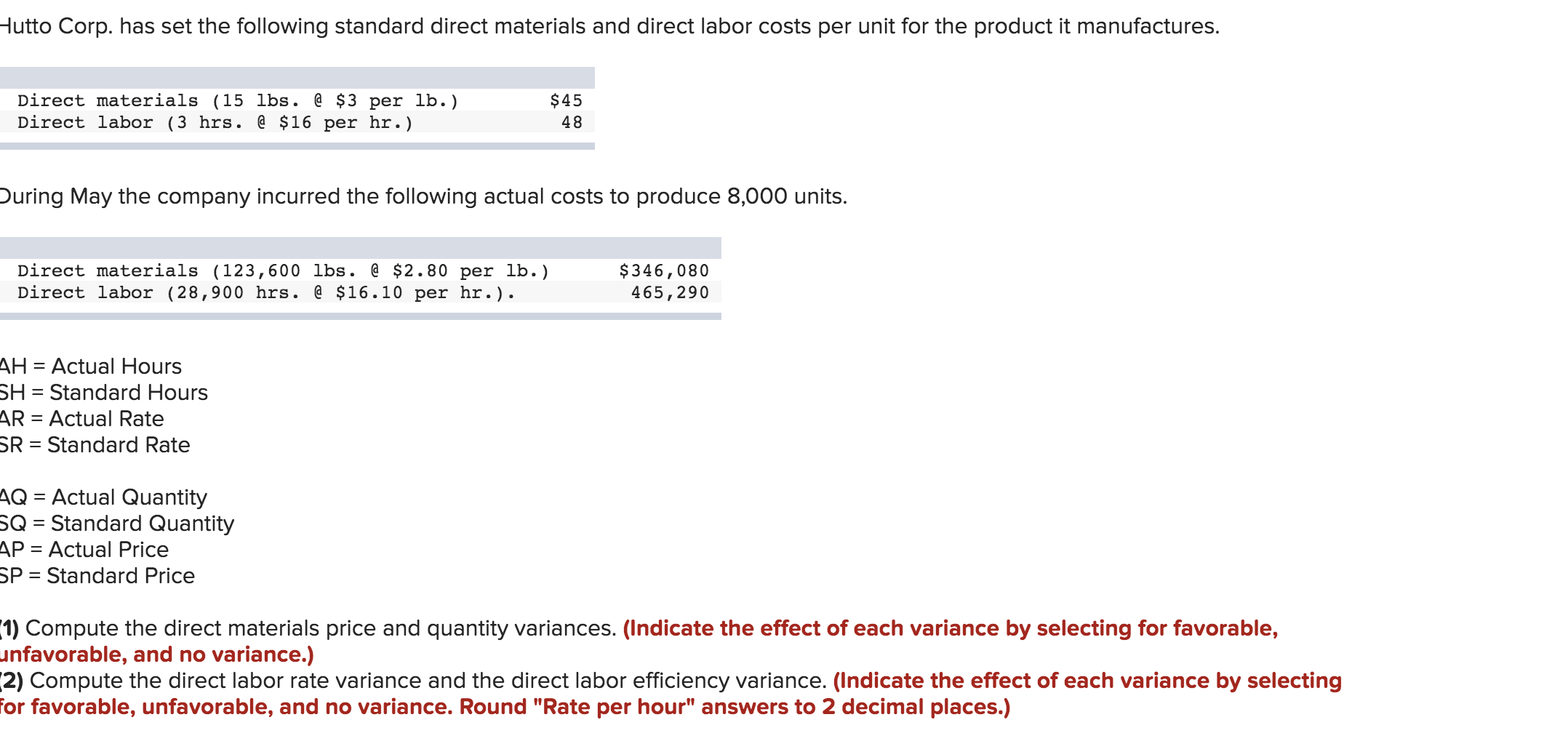 labor rate variance and the direct labor efficiency variance.(Indicate the effect o