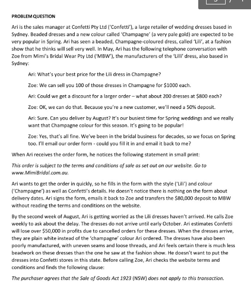  PROBLEM QUESTION Ari is the sales manager at Confetti Pty Ltd