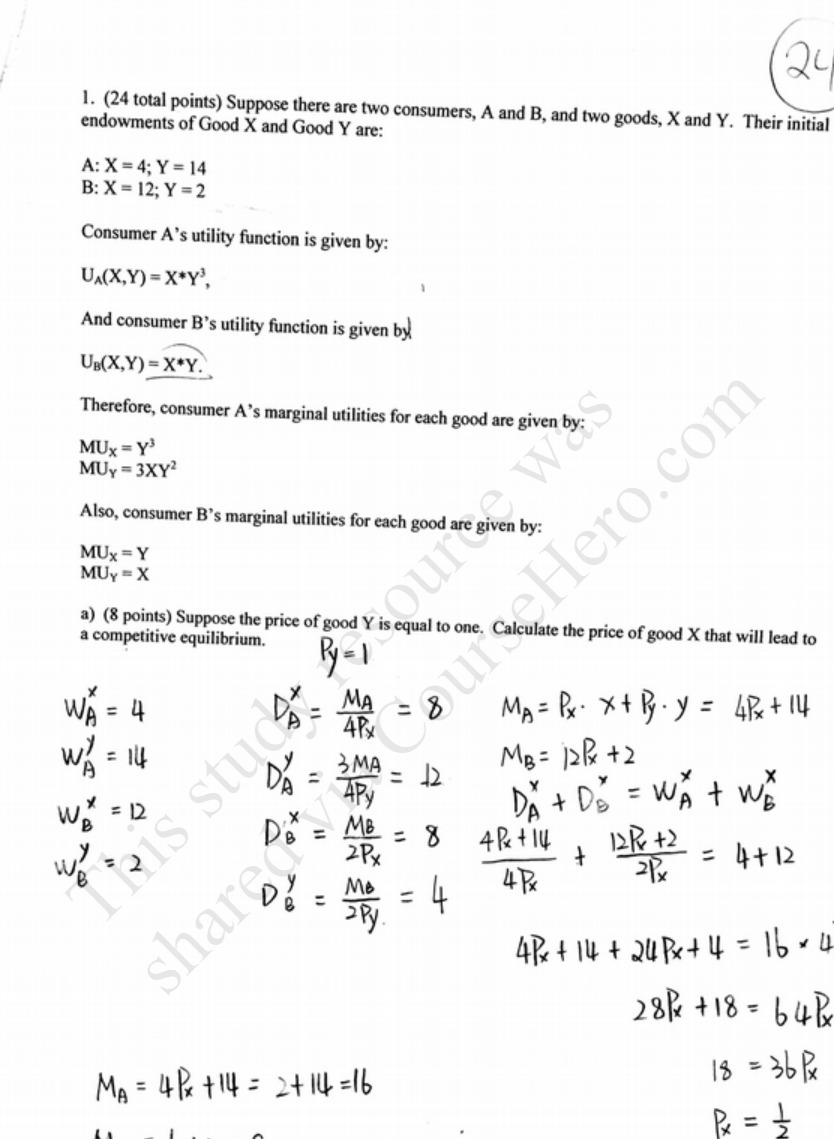1. (24 total points) Suppose there are two consumers, A and