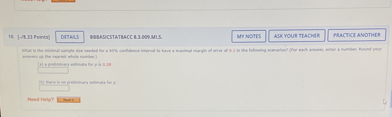 10. [-/8.33 Points] DETAILS BBBASICSTATSACC 8.3.009.MI.S. MY NOTES ASK YOUR TEACHER