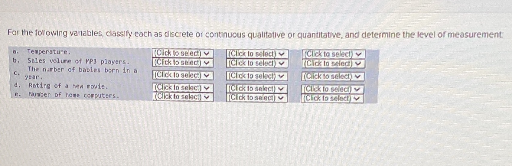 First box options are non-numeric, discrete, and continuousSecond box options are qualitative