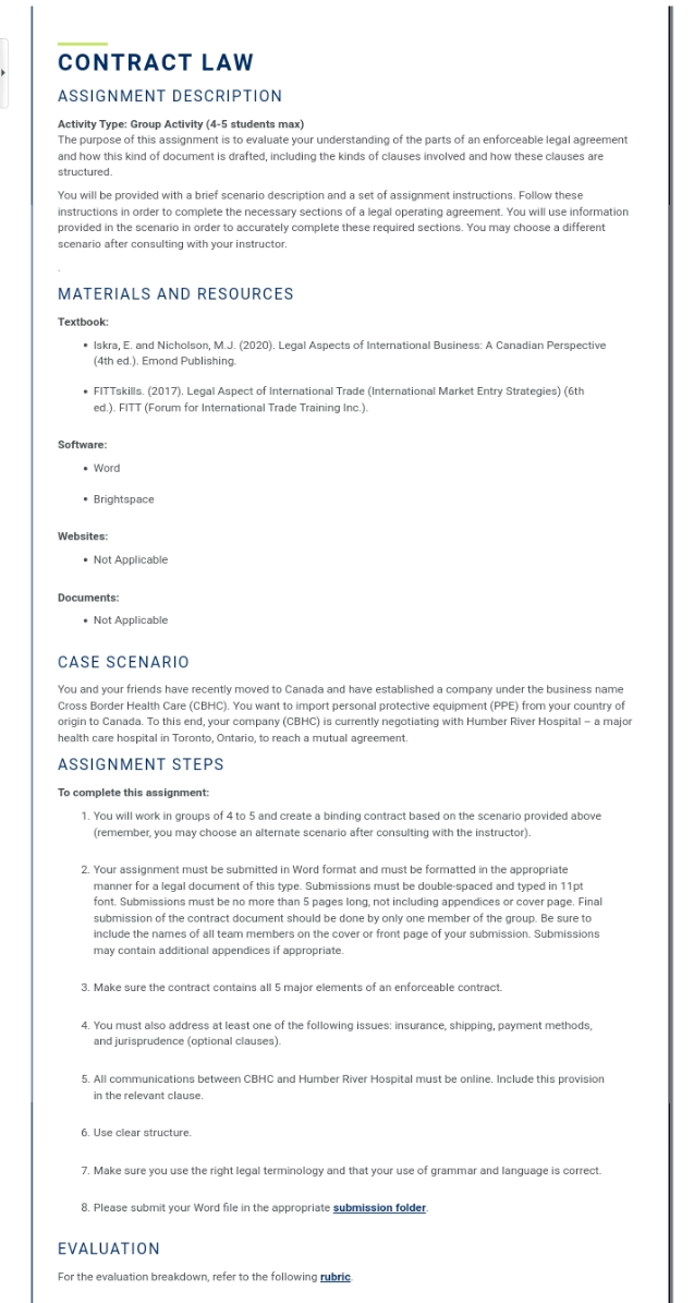 contrct law CONTRACT LAW ASSIGNMENT DESCRIPTION Activity Type: Group Activity (4-5 students