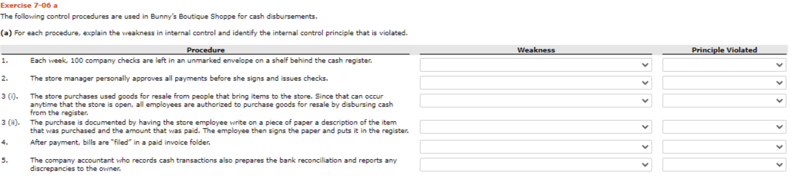 input answers Exercise 7-06 a The following control procedures are used in
