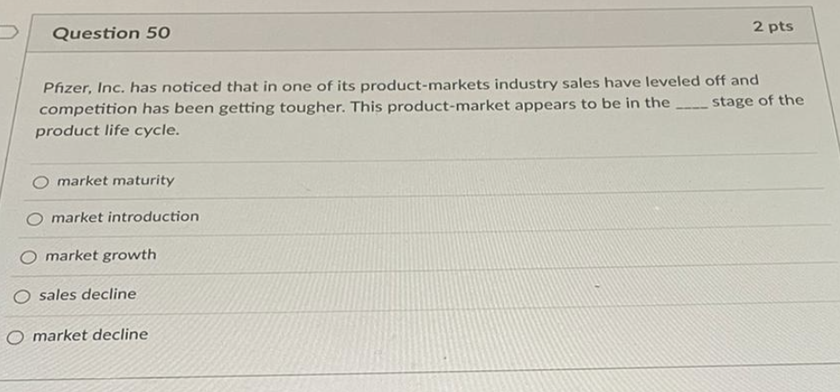 product life cycle. O market maturity market introduction market growth O sales
