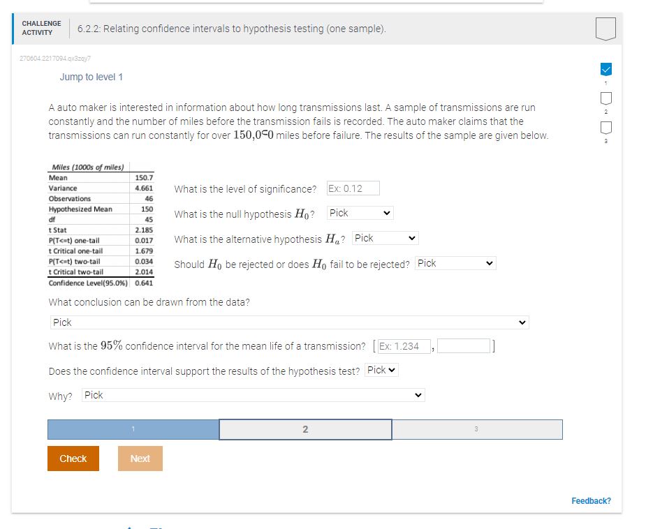  CHALLENGE ACTIVITY 6.2.2: Relating confidence intervals to hypothesis testing (one sample).