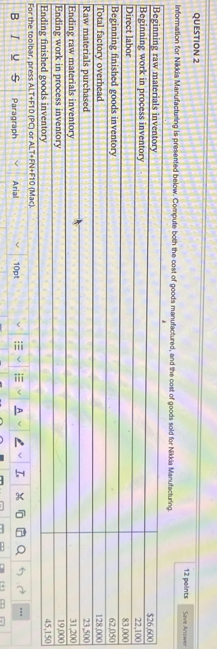  QUESTION 2 12 points Save Answer Information for Nikkia Manufacturing is
