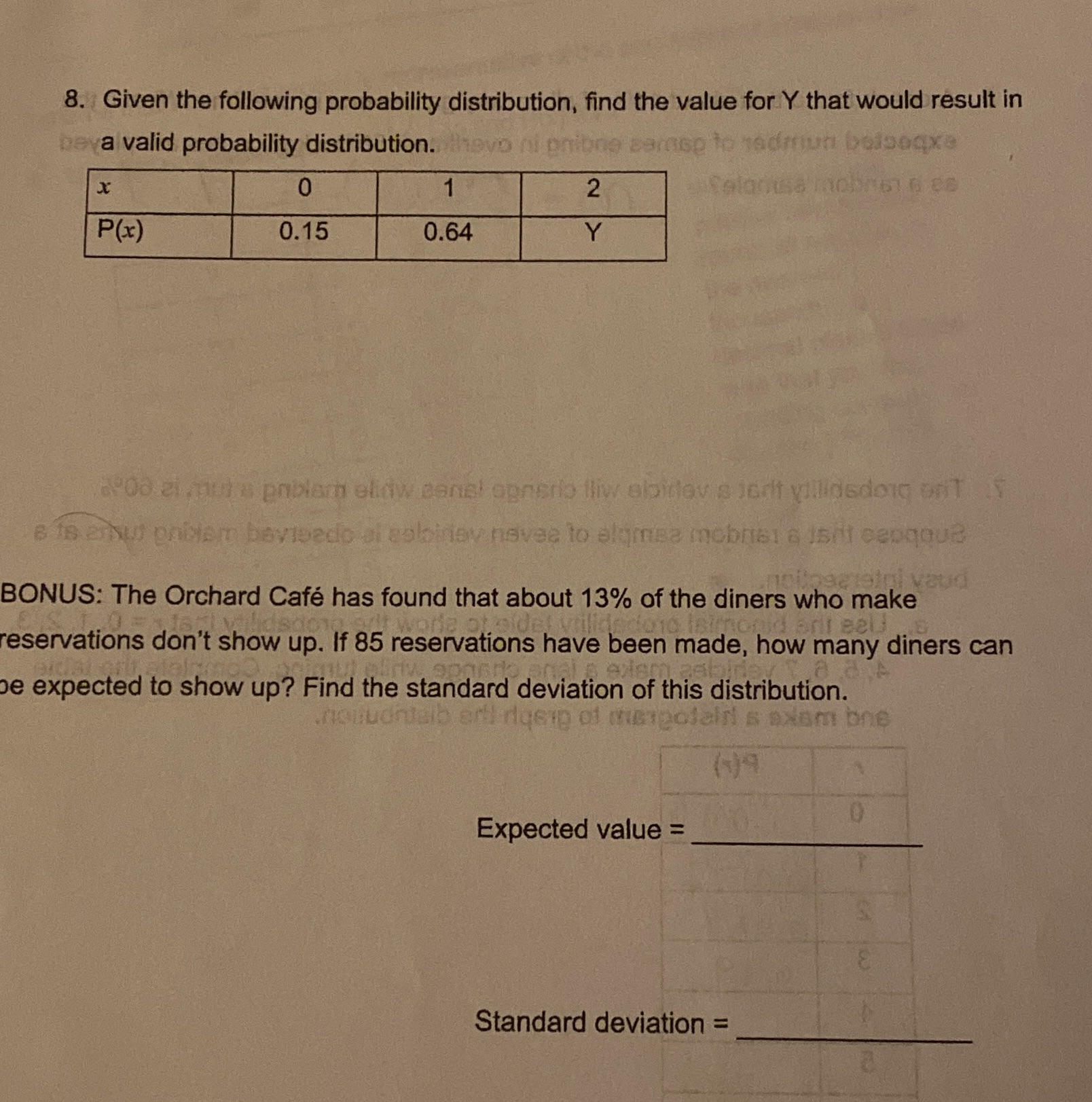 8. Given the following probability distribution, find the value for Y
