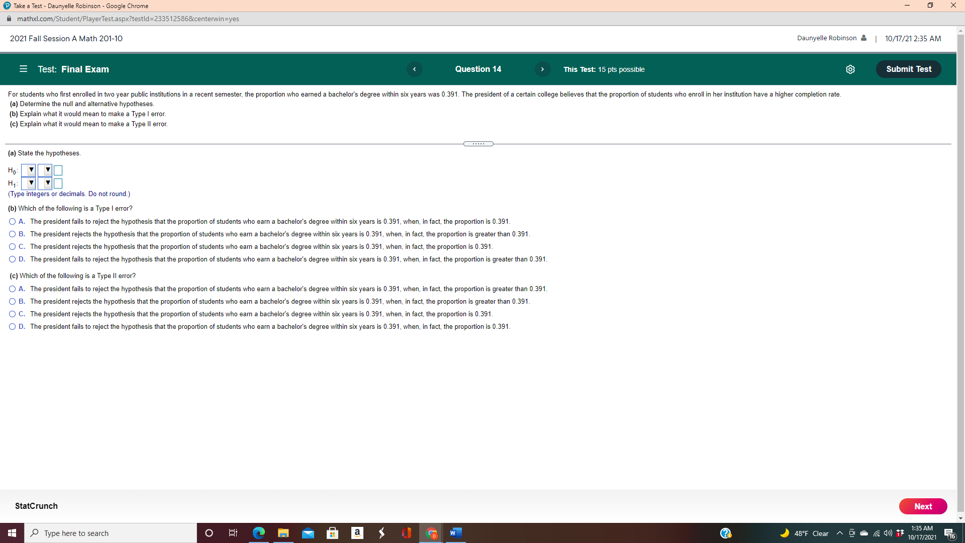  Take a Test - Daunyelle Robinson - Google Chrome - X