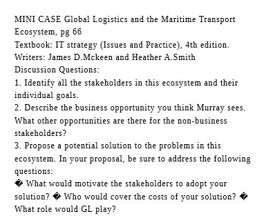 MINI CASE Global Logistics and the Maritime Transport Ecosystem, pg 66