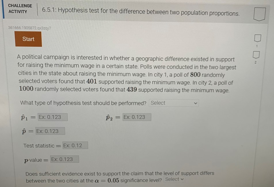  CHALLENGE ACTIVITY 6.5.1: Hypothesis test for the difference between two population