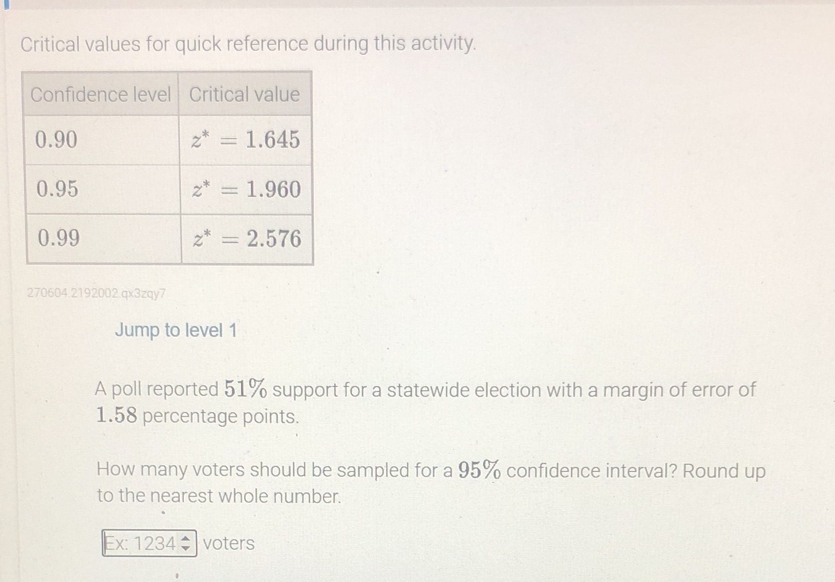  Critical values for quick reference during this activity. Confidence level |