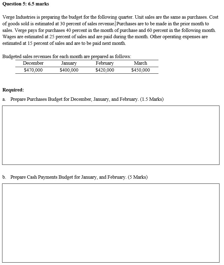 Question 5 Question 5: 6.5 marks Verge Industries is preparing the budget