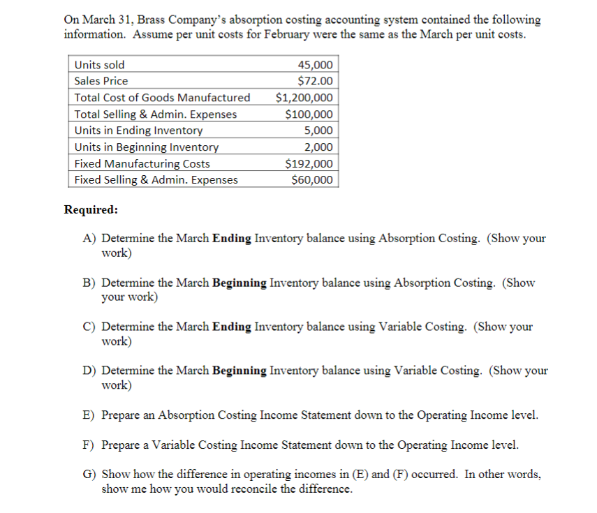 this is a problem set for managerial accounting, On March 31, Brass