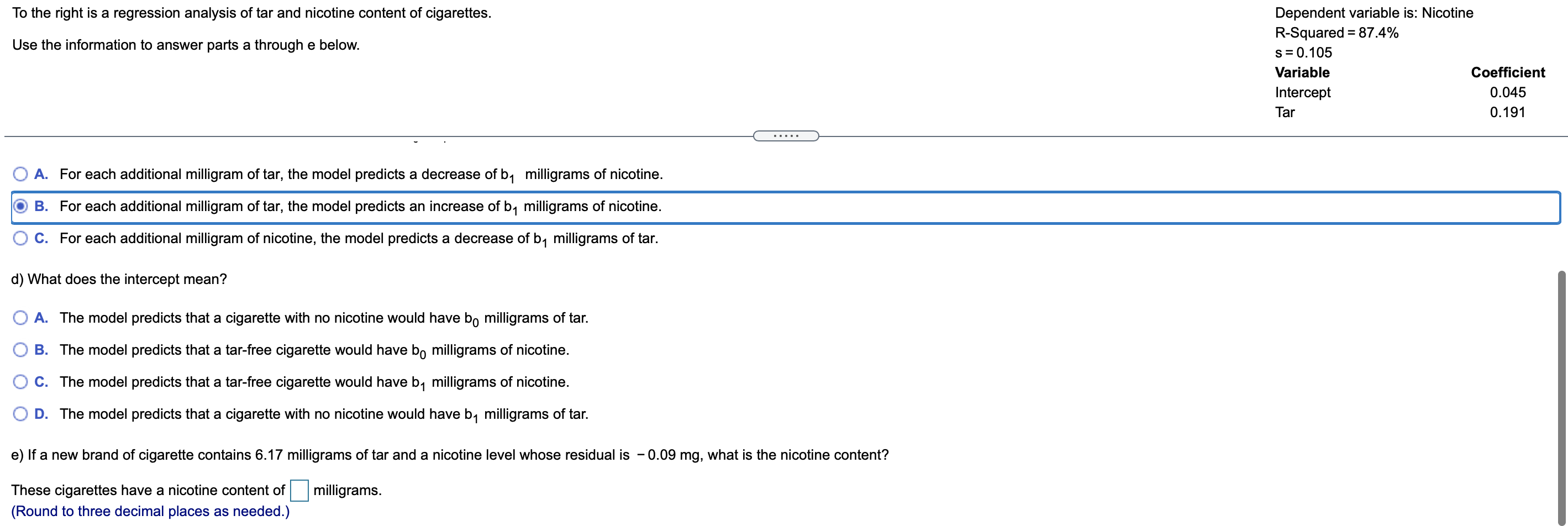 Please answer questions D and E To the right is a regression