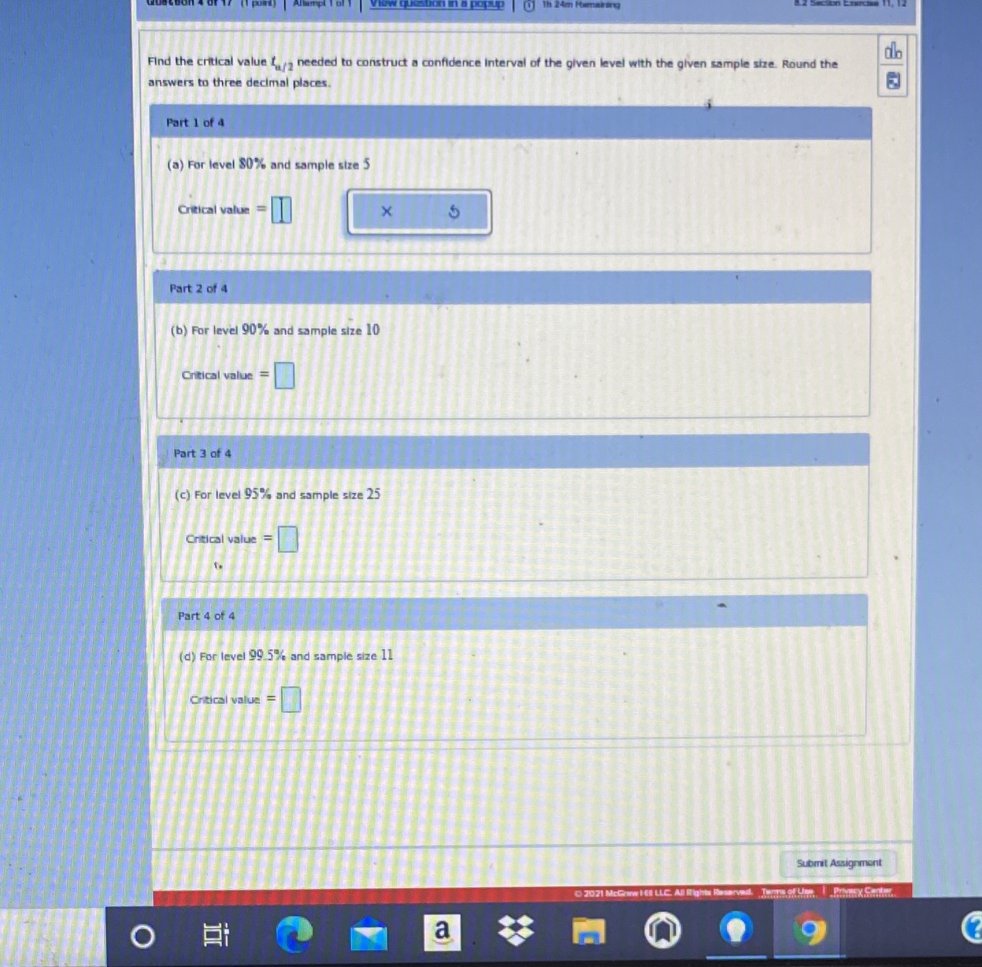  Find the critical value In needed to construct a confidence interval