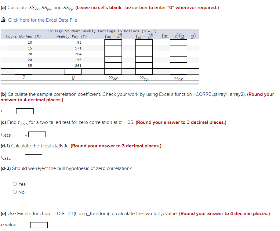 Excel Data File College Student Weekly Earnings in Dollars (n = 5)