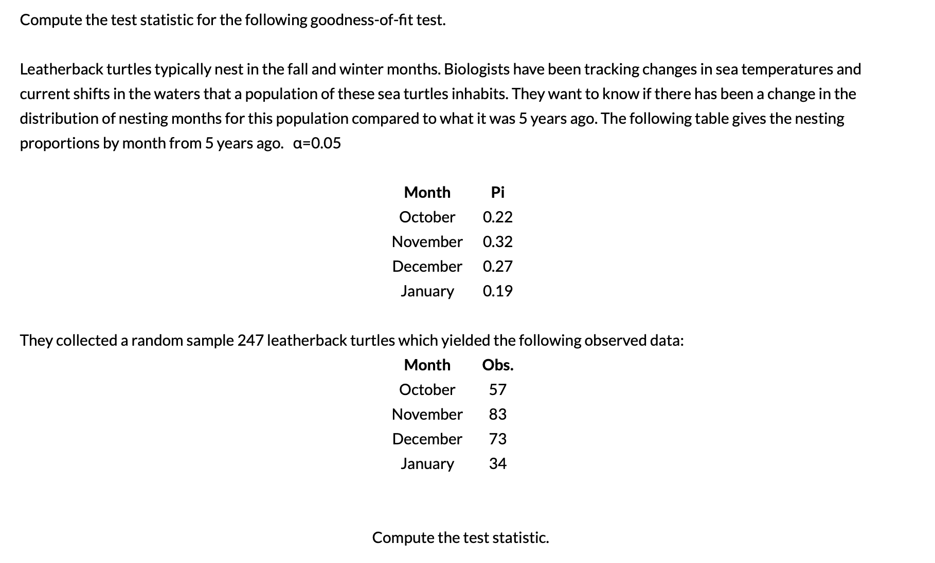  Compute the test statistic for the following goodness-of-t test. Leatherback turtles